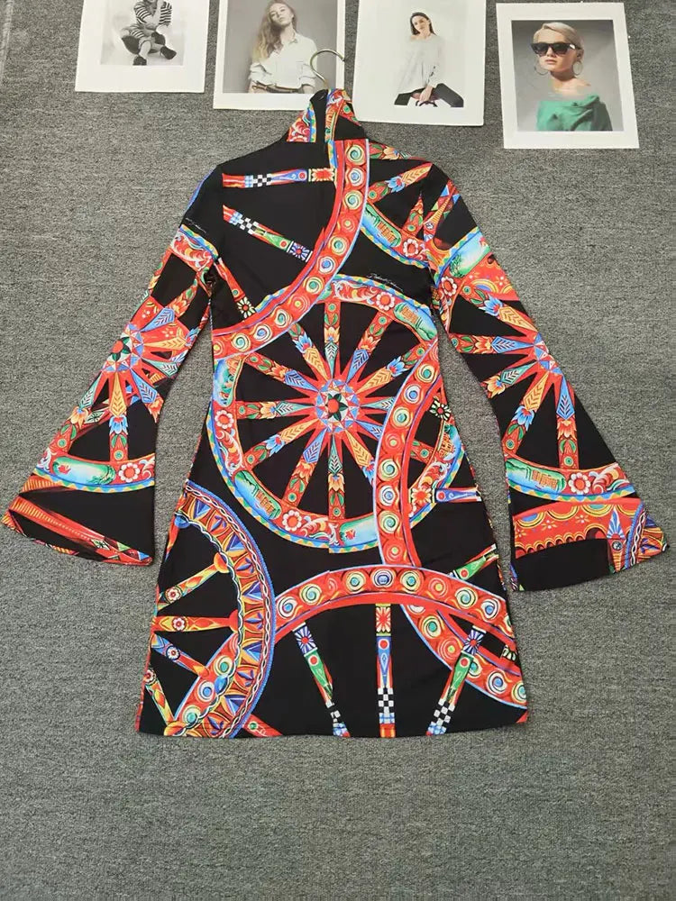 Retro Color Wheel Print High-Neck Long-Sleeve Slim Fit Mini Dress for Women Autumn Elastic Waist Holiday Banquet Temperament Dre - Shellss