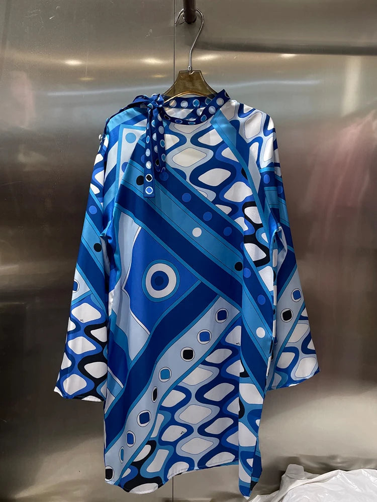Design retro geometric positioning print round neck tie pullover dress 2026 autumn women's clothing fashion loose straight skirt - Shellss