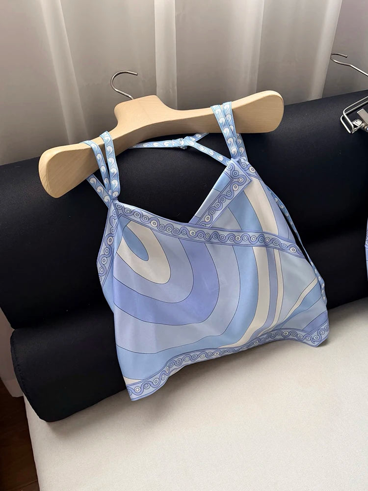 Summer Fashion Outdoors Tourism Geometric Print Asymmetrical Tops Women's Sexy Spaghetti Strap Strapless High Waist Slim Top
