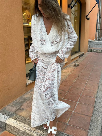 Sibybo Streetwear Lace Pants Sets For Women Sexy Deep V Neck Loose Tops High Waist Wide Leg Pants Two Piece Matching Outfits