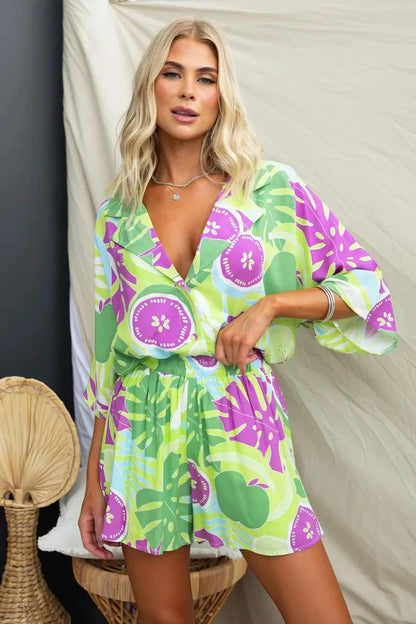 Retro Print Short Sleeve 2PCS Loose Suits