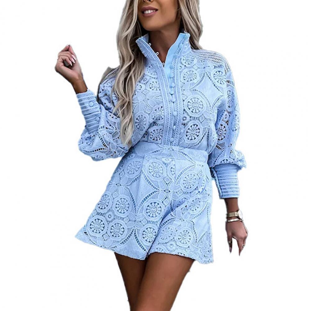 Elegant Lace Embroidered Blouse & Wide-Leg Shorts Set