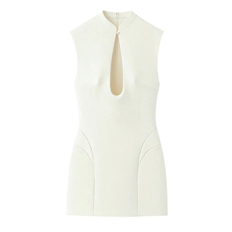 Elegant Slim Women's Dress Stand Collar Hollow Out Sleeveless Waist-Closed Lady Mini Dresses 2026 Spring Summer Female Robe