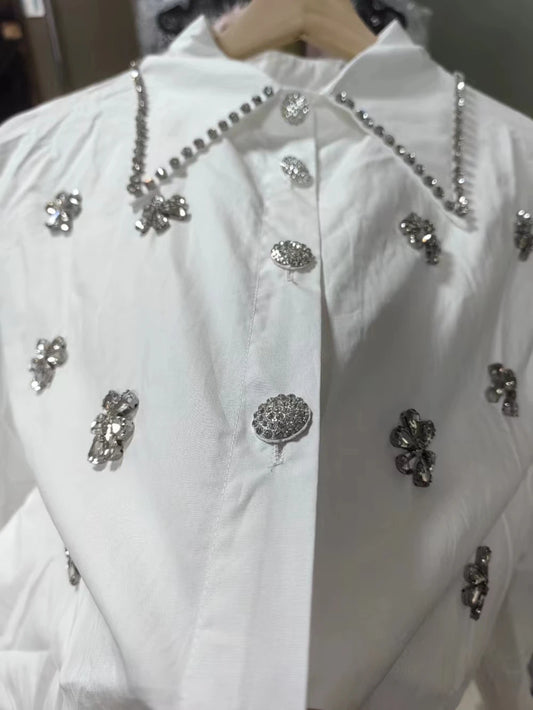 Oversize Rhinestone Embroidery Cotton Shirts