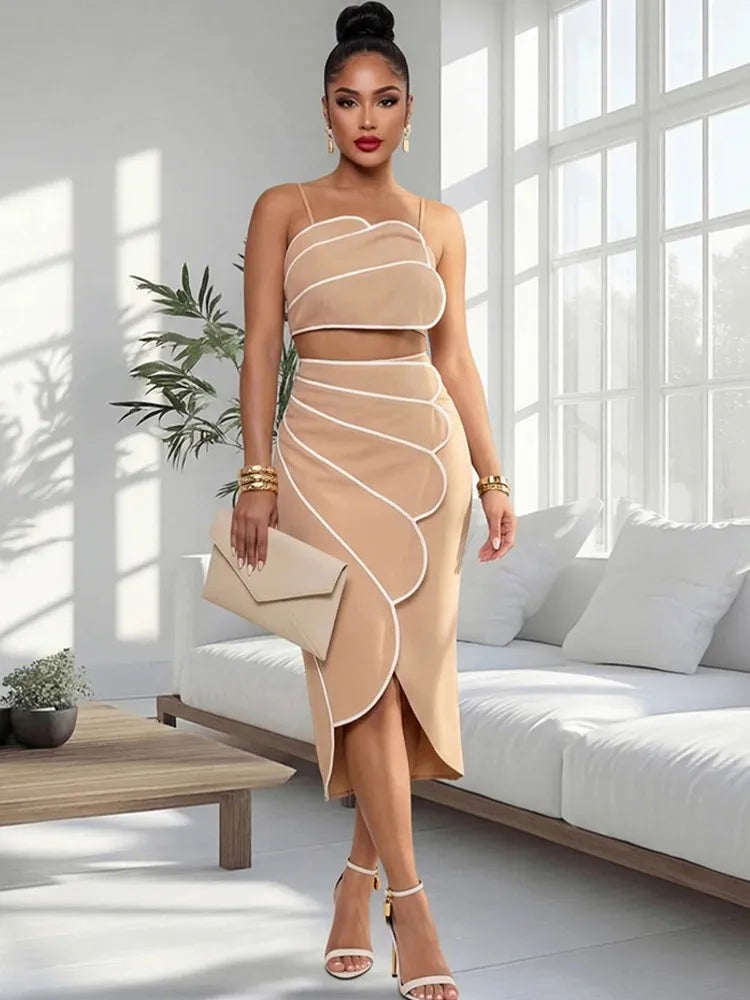 2 Piece Sets Tops And Skirt Elegant Women Sleeveless Sexy Midi Dress Fashion Evening Ladies Street Party Vestidos Summer