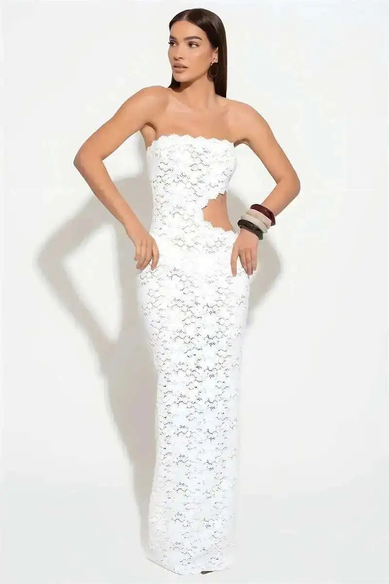 Blifanbo Backless Sexy Off-shoulder Maxi Dress Women Lace Sleeveless Strapless Hollow Out Skinny Club Party Long Dress Elegant - Shellss