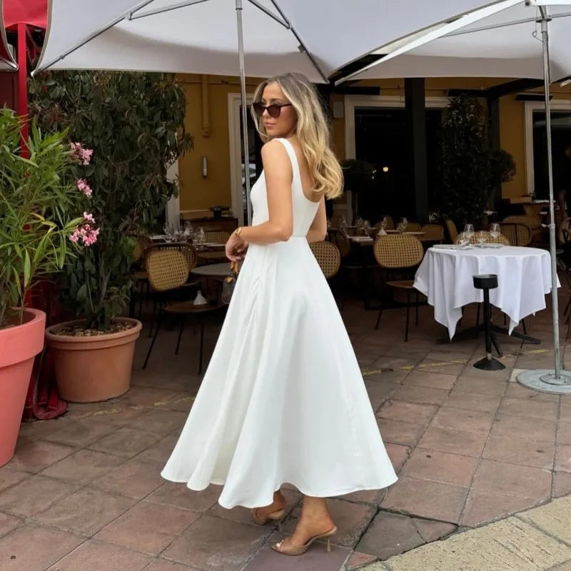 JULISSA MO Sexy Square Collar Women Maxi Dress White Spaghetti Strap High Waist Dress Female Summer Slim Elegant Party Clubwear - Shellss
