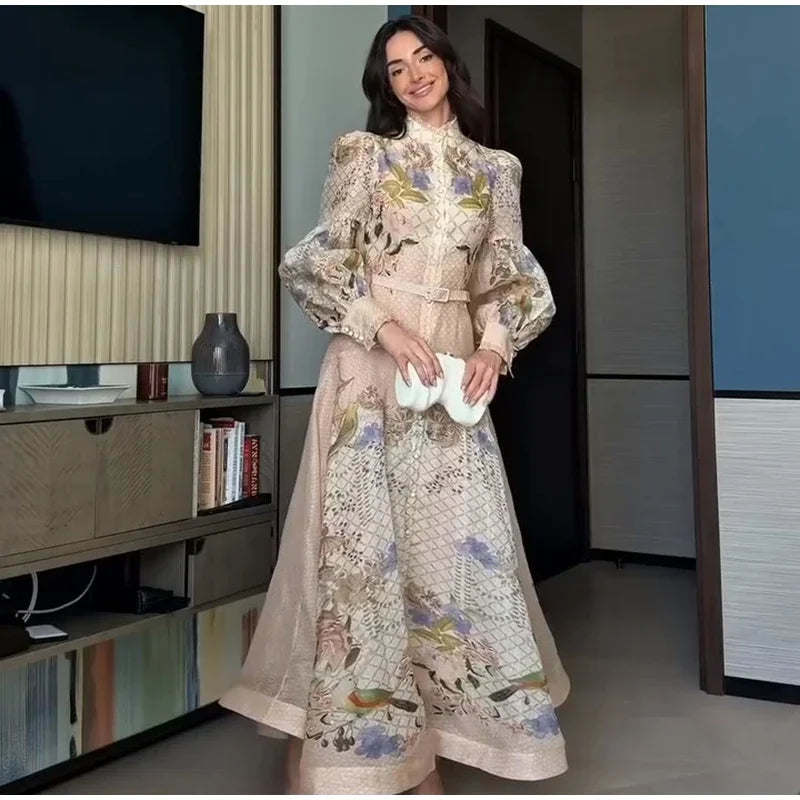 Floral Print Women Dress Button Down Mock Neck Maxi Dresses Long Lantern Sleeve A-Line Waist Belt Flared Hem Elegant Streetwear - Shellss