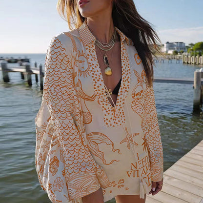 2 pcs set - Casual Wave Printed Satin & Shorts
