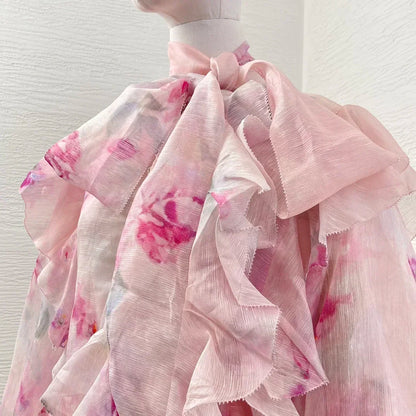 Pink Romantic High Quality Floral Print Ruffles