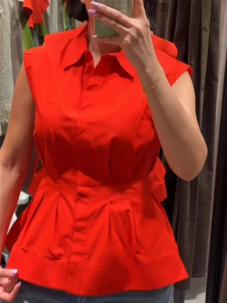 TFMLN Women's Pleated Shirt Spring Summer Vintage Lapel Collar Sleeveless Blouses Simple Flared Hem Ladies Tops 2026 New