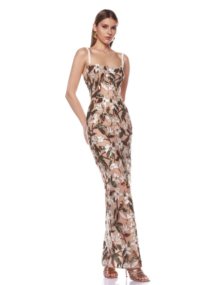 Sexy Strapless Floral Sequin Long Dress