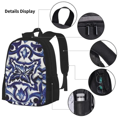 Blue Ornate Floral Mediterranean Sicilian Tile Backpacks Bookbag Children School Bags Rucksack Lunch Bag Pen Bag Three-Piece Set