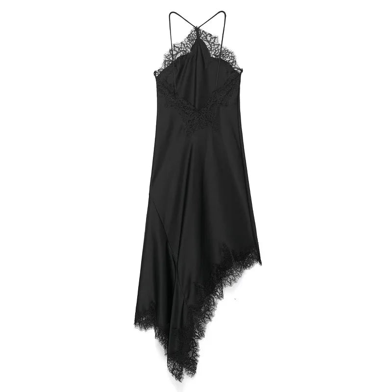 Black Lace Halter Satin Dress