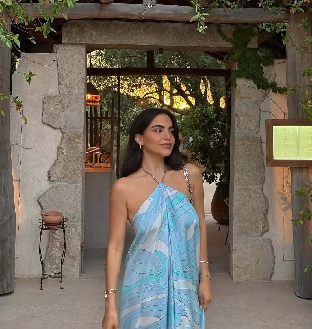 Sexy Printed Halter Maxi Dress Women Fashion Sleeveless Backless Loose Irregular Dresses 2026 Summer Lady Beach Vacation Robe