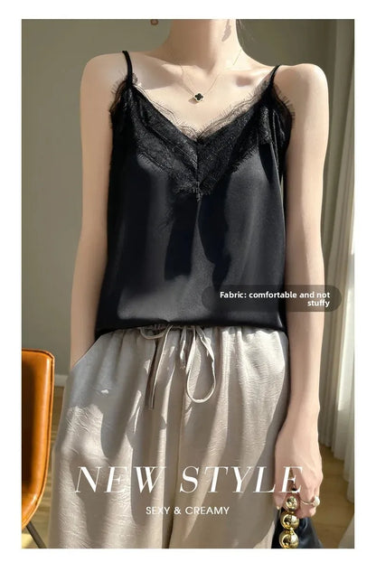 Satin Lace Trim V-Neck Crop Top