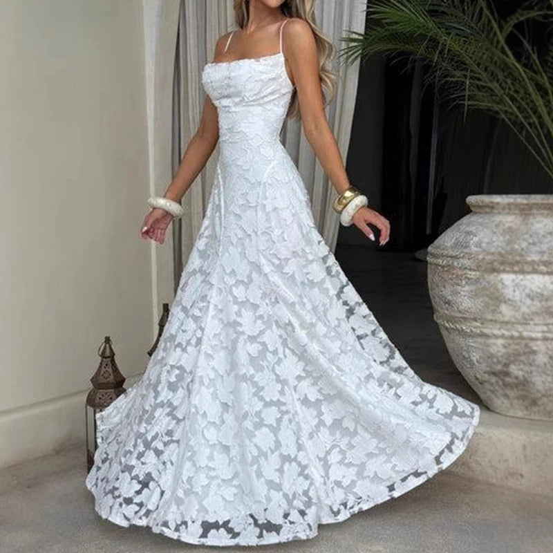 Women Fashion Jacquard Lace Solid Party Dress Elegant Backless Slim Sling Dress Sexy Off Shoulder Sleeveless Beach Long Dress - Shellss