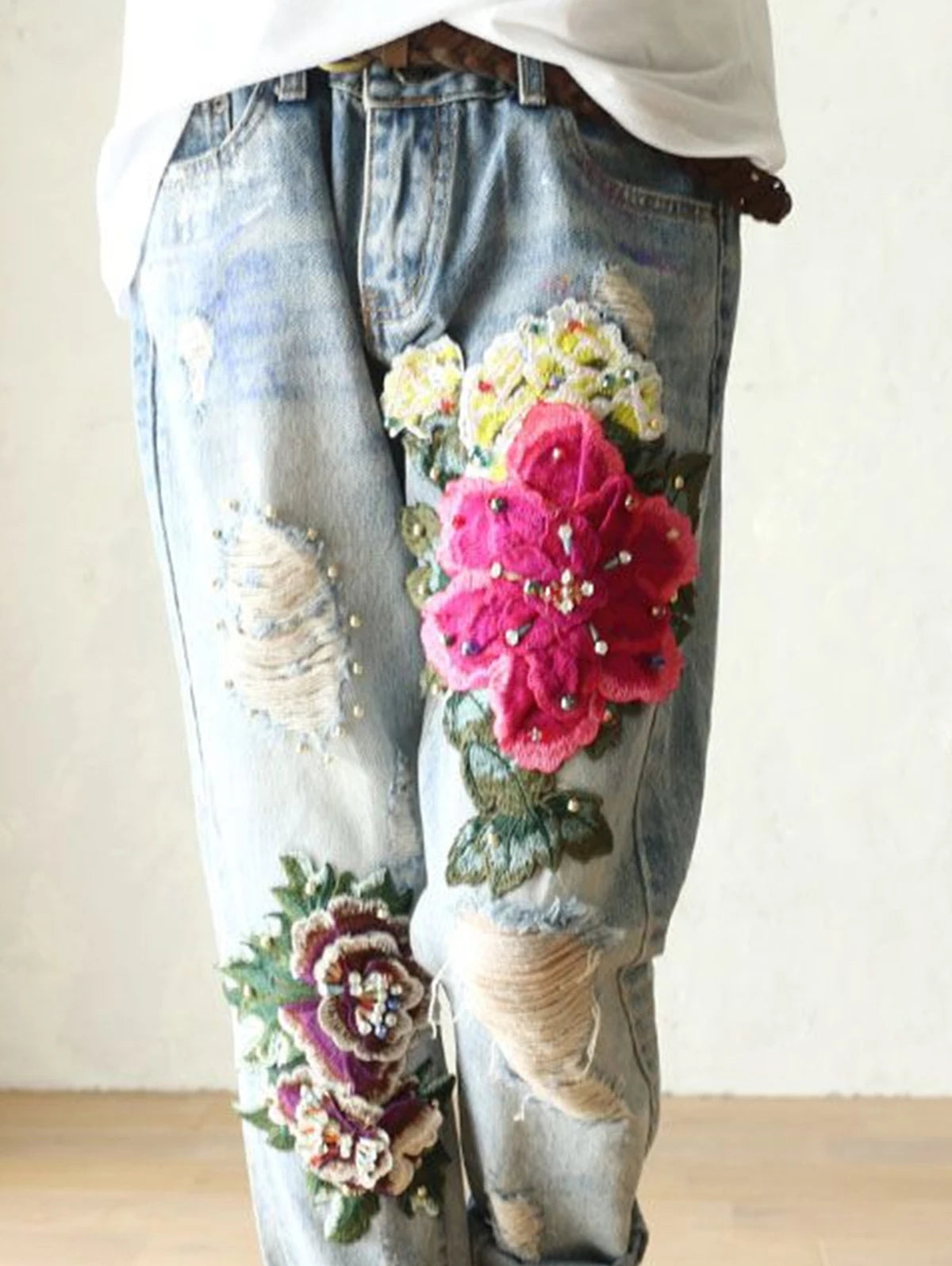 Floral Embroidery Denim Loose Harem Pants