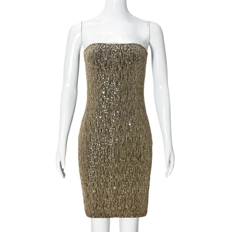 Splicing Contrasting Sequin Strapless Dress Sexy Solid Color Short Skirt Birthday Party Solid Color Dinner Dress