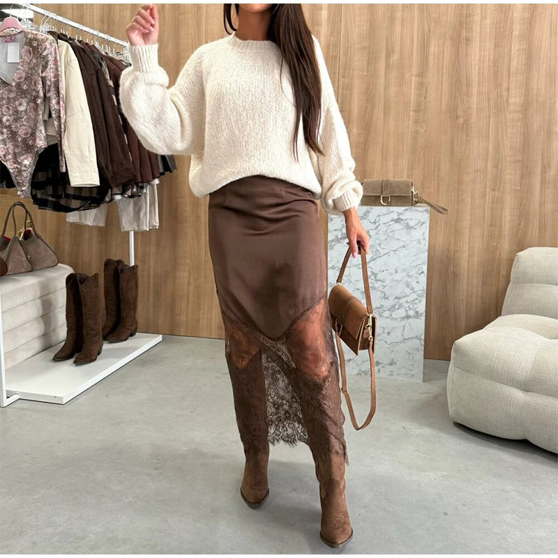 Brown Lace Long Skirts