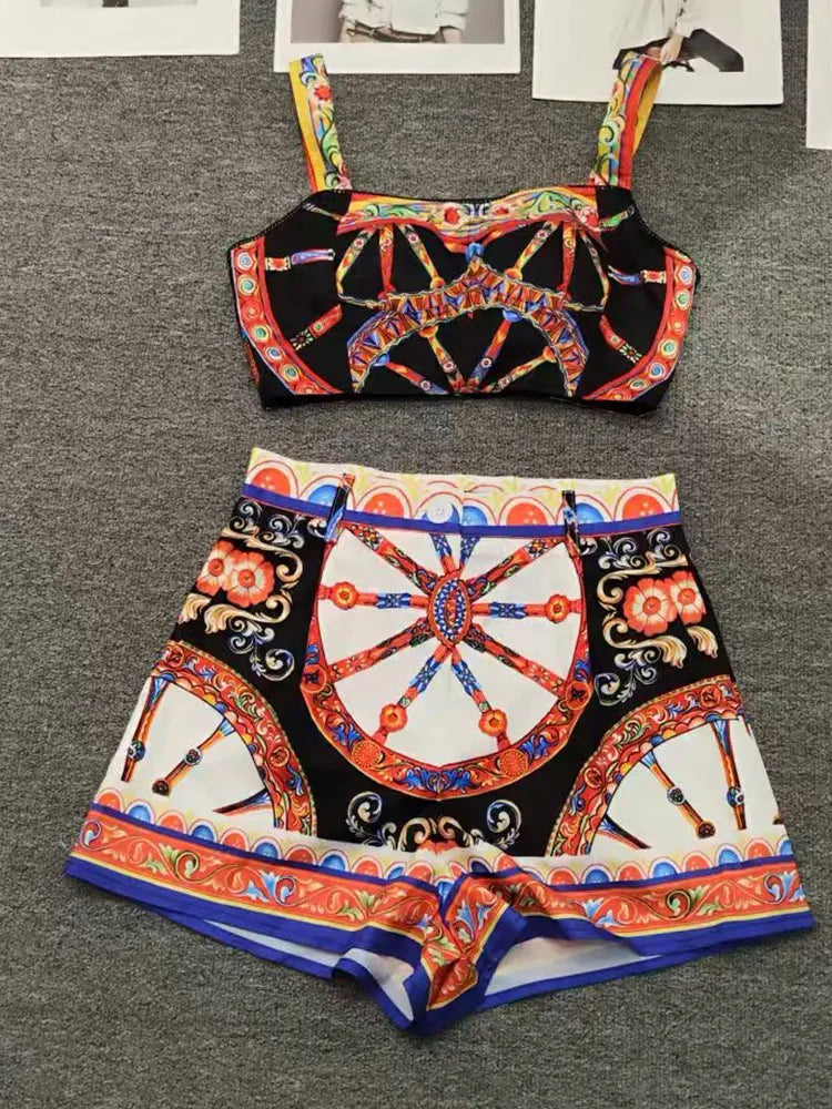 Fashionable and sexy word-neck printed waist-less blouse new summer two-piece pants+high waist shorts holiday women's suit - Shellss