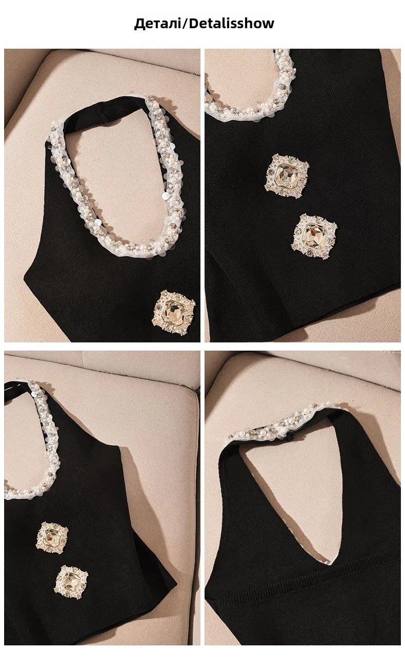 Heavy-Embroidered Diamond Backless Hanging Neck  Strap Vest Women Summer Slim Fit Short Spicy Sleeveless Black Top Women