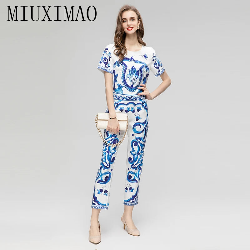 Sicily Set blue and white porcelain Print Top+ Pants Two-piece  Dolce