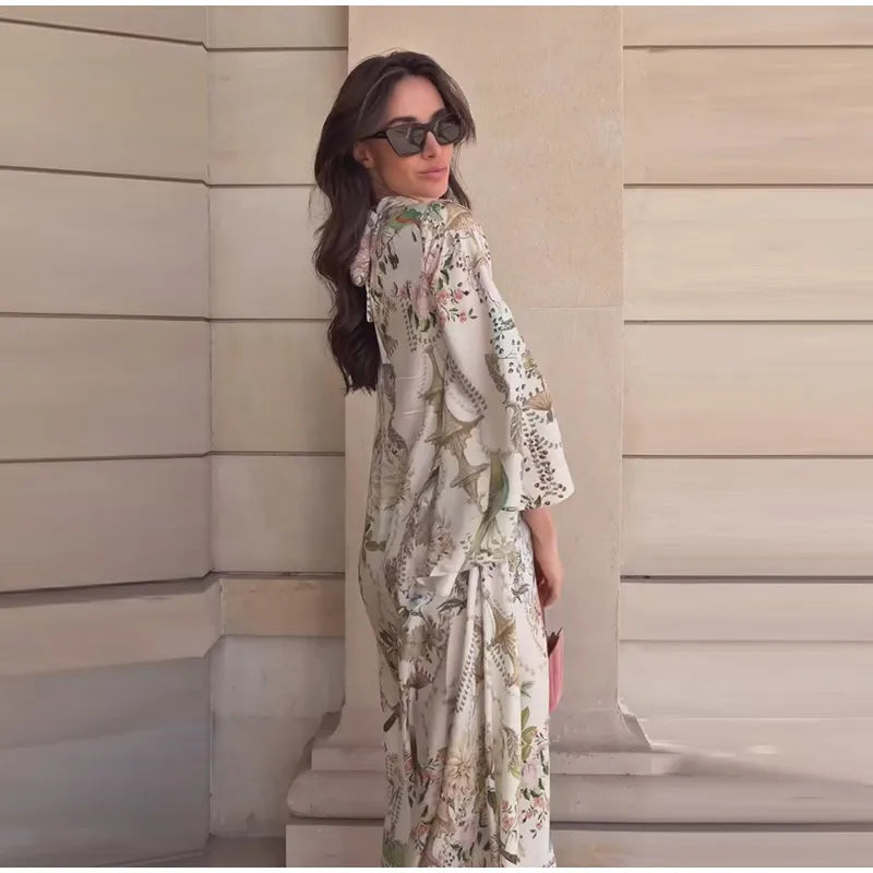 Floral Print Women Dress Button Down Mock Neck Maxi Dresses Long Lantern Sleeve A-Line Waist Belt Flared Hem Elegant Streetwear - Shellss
