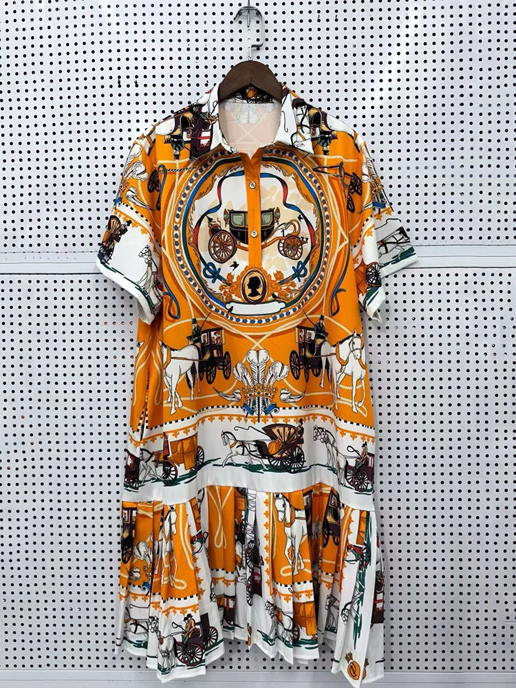Retro geometric print lapel pullover short sleeve shirt dress 2026 summer women's tutu skirt fashion shirring loose dress - Shellss