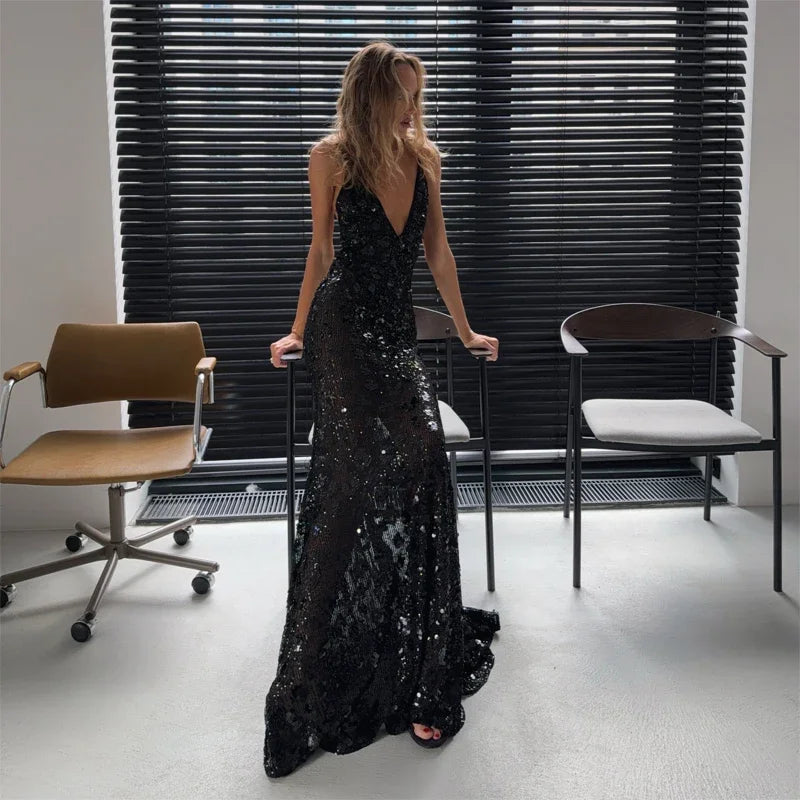 Sequin Deep V-neck Long Dress Women Chic Sleeveless Spaghetti Strap Backless Mermaid Robes Lady Sexy Evening New Party Dresses