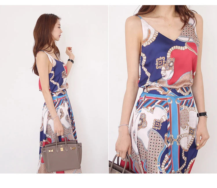 H Han Queen Hot Sale Summer Women Print Work 2 Pieces Set Camisole Top Blouses + Vintage A-Line Skirt Korean Simple Skirt Suit