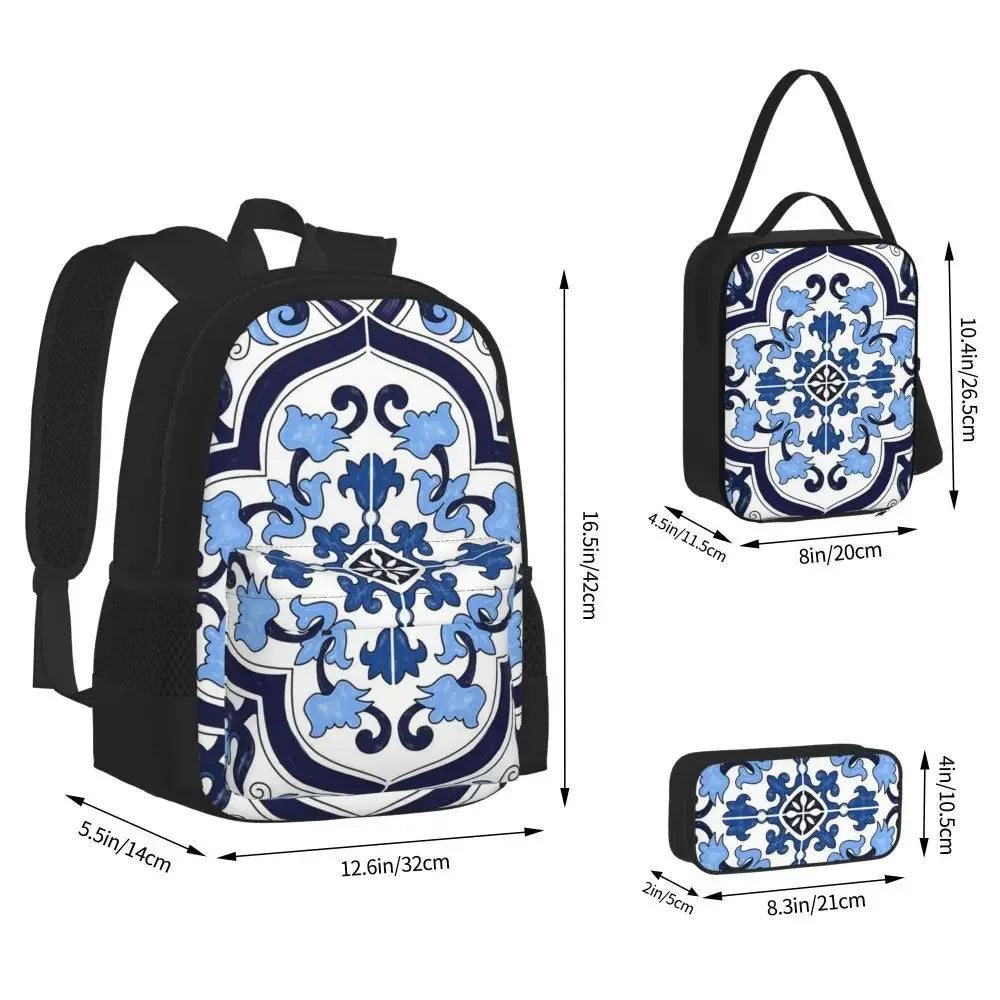 Blue Ornate Floral Mediterranean Sicilian Tile Backpacks Bookbag Children School Bags Rucksack Lunch Bag Pen Bag Three-Piece Set