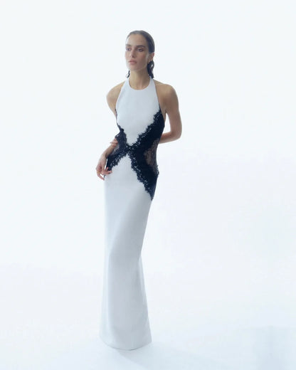 White Black Net Halter Backless