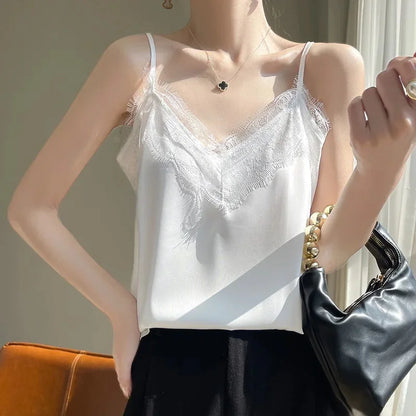 Satin Lace Trim V-Neck Crop Top