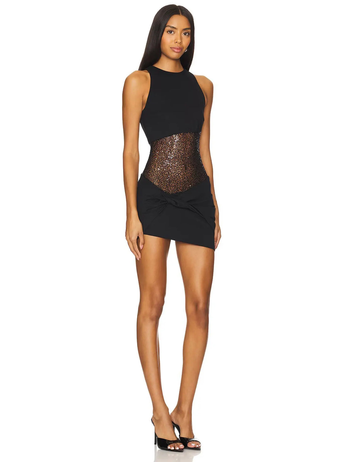 Women Sexy Spicy Girl Party Mini Dress Crew Neck Sleeveless Sequin Patchwork Twisted Knot Bodycon Short Dress Nightclub Banquet