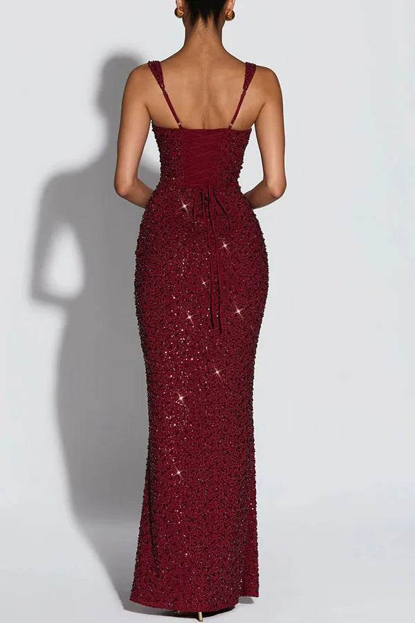 Women European American Sequin Cami Dress Sleeveless Tie Slim Fit Cocktail Party Evening Gown