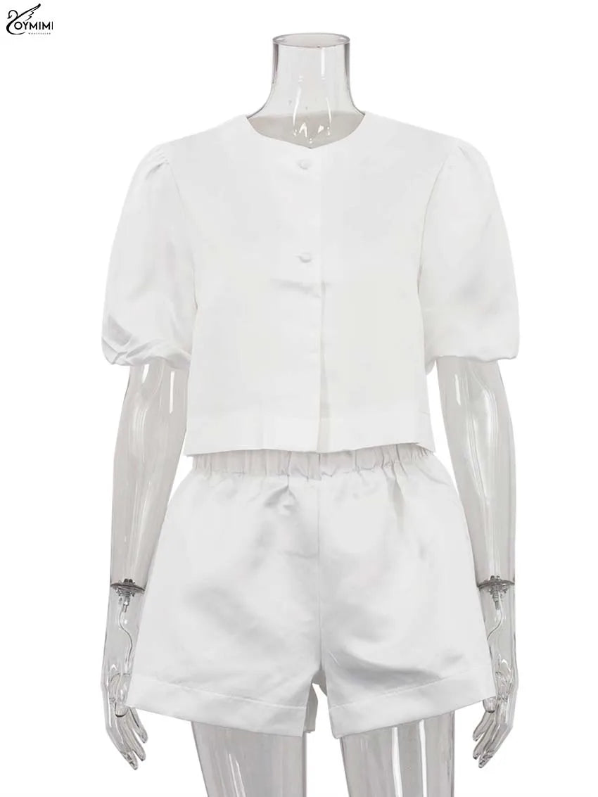 White Satin 2 Piece Sets Puff Sleeve