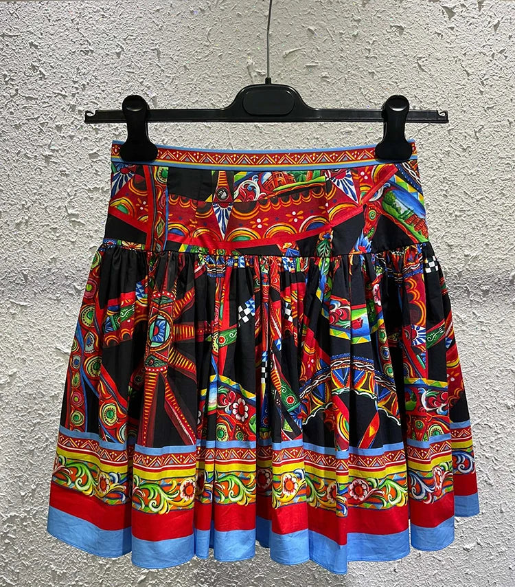 Seifrmann Casual printed cotton two-piece square neck sleeveless top high waist skirt suit 2026 autumn women's new style - Shellss