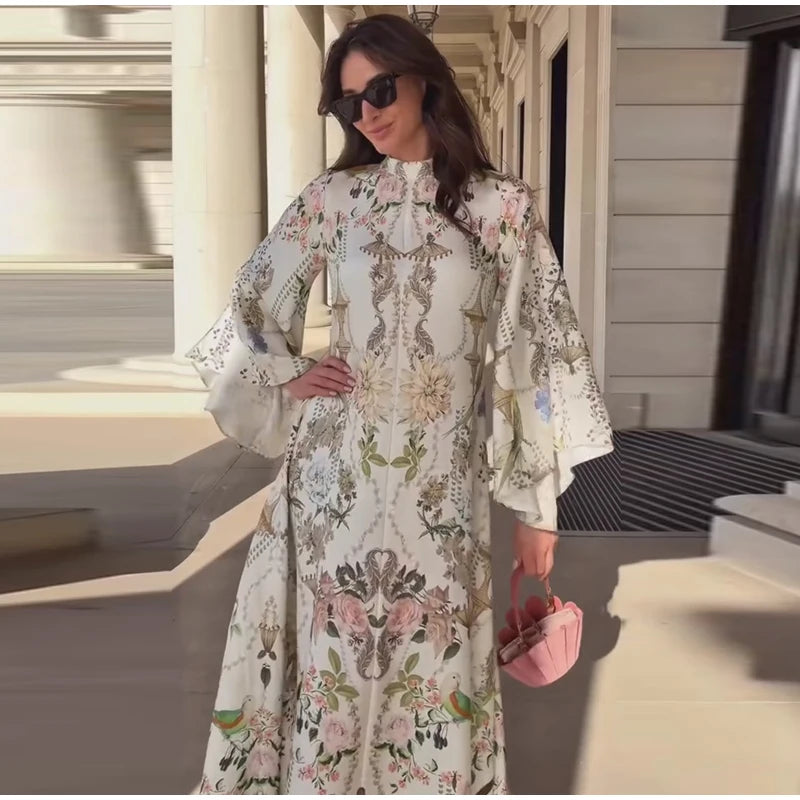 Floral Print Women Dress Button Down Mock Neck Maxi Dresses Long Lantern Sleeve A-Line Waist Belt Flared Hem Elegant Streetwear - Shellss