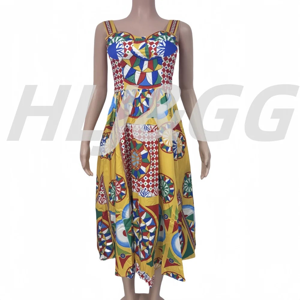 Multicolor Dolce Print Yellow Long Dress