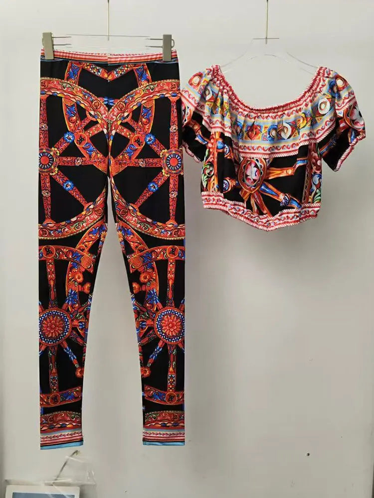 Summer New 2026 Printed Two-Piece Suit with One-Word Collar Sexy Waist-Exposed Top And Elastic Waist Slim Trousers for Holiday - Shellss