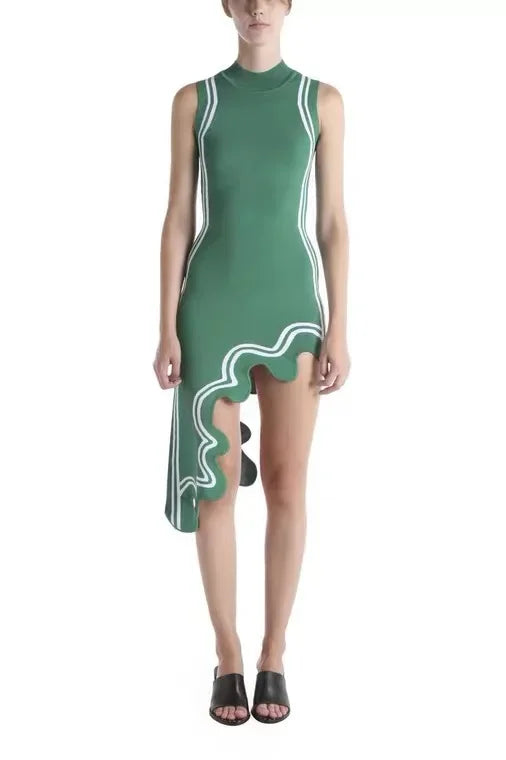 Asymmetric Wave Edge Dress BottomRound Neck Tanlan White Inlaid Edge Knit No Sleeves Dress Autumn New Style