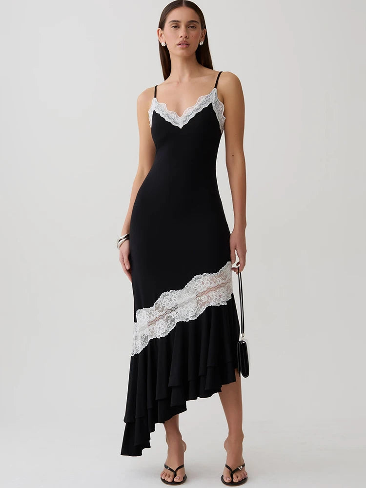 Mozision Women Spaghetti Strap V‑Neck Sexy Midi Dress Contrast White Lace Patchwork Ruffle Hem Bodycon Party Evening Dresses
