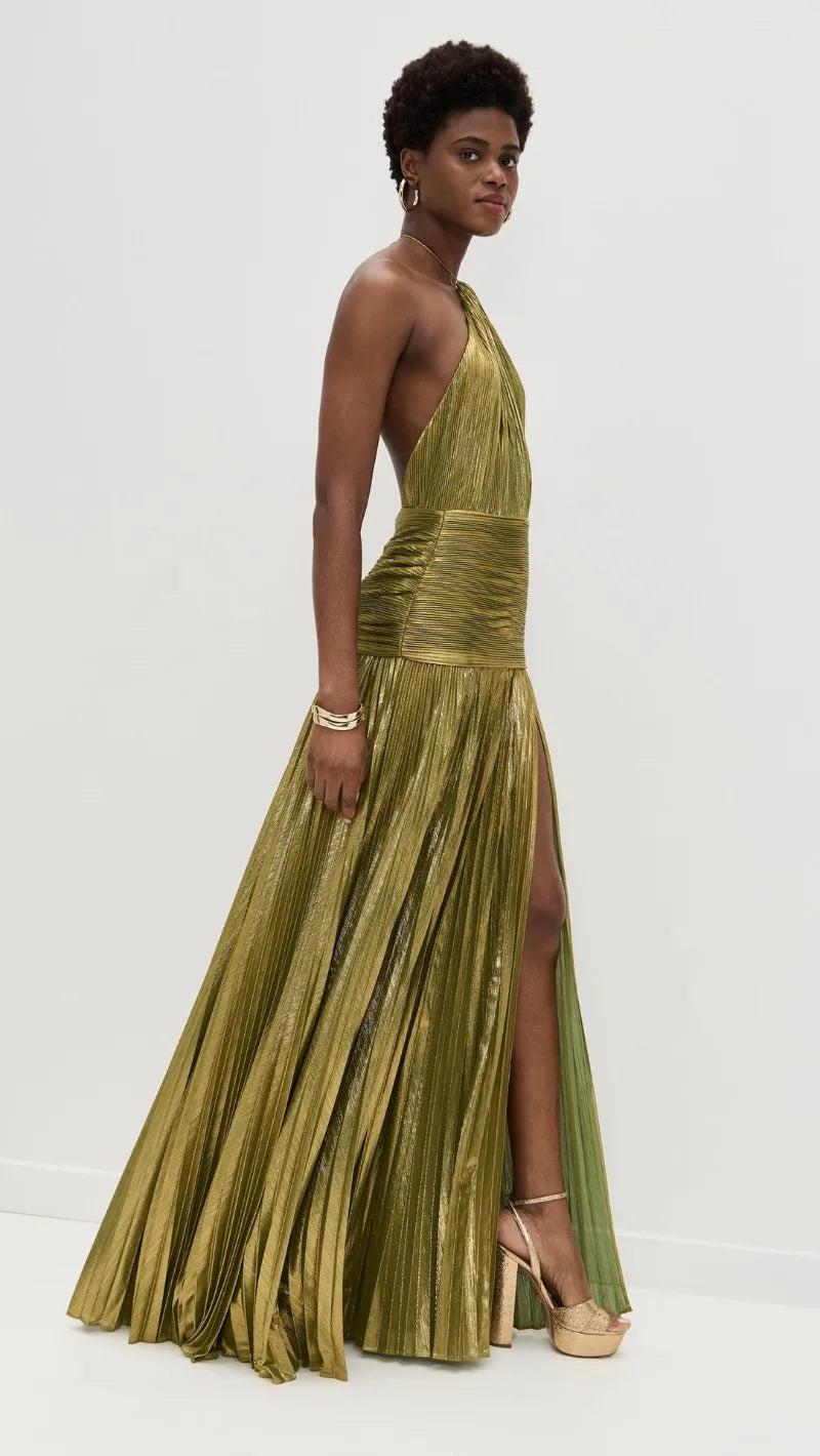 Sexy Off Shoulder Halter Folds Slit Long Dress Luxurious Women Corset Party Dress Gold Halter Neck Evening Dress