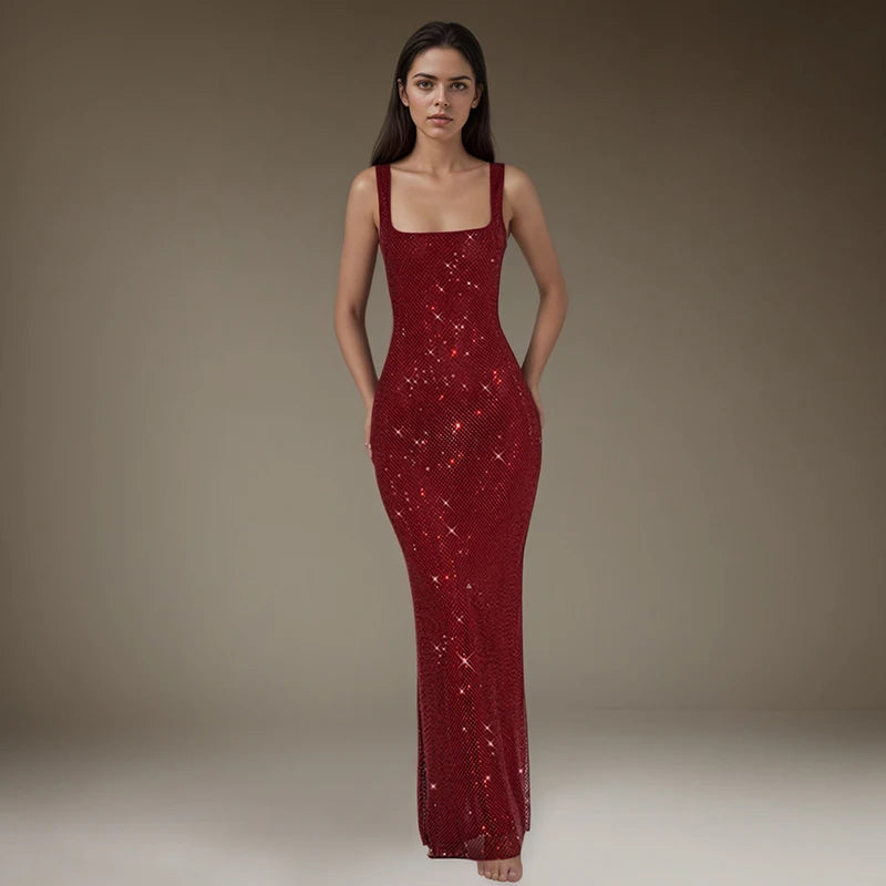KUCLUT Fashion Shoulder Strap Sequin Mesh Diamond Suspender Dress For Women Temperament Evening Party Dresses Female 1A179