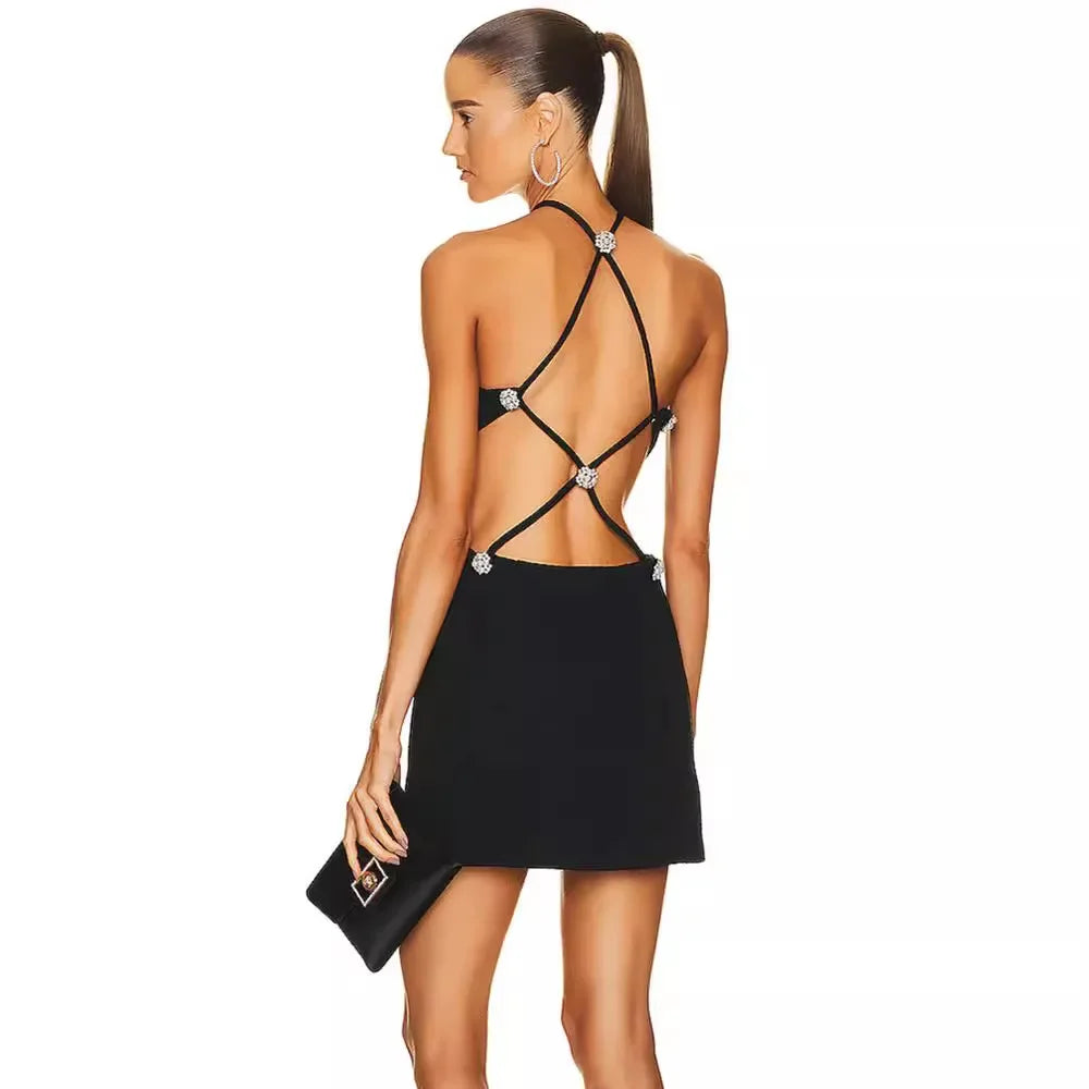 Sexy Black Miniature Black Dress Hot Sale Of The Season New Style Wrap Skirt Super Short Party Gown Diamond Back Hanging Neck Wa