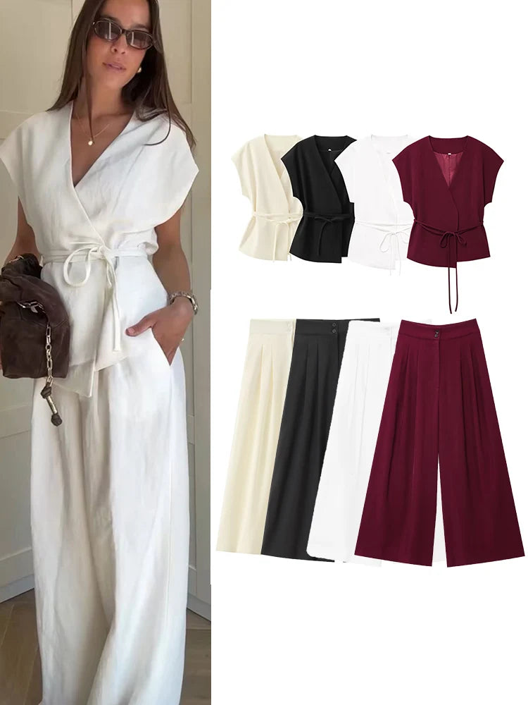 V-Neck Wrap Belted Pants Sets