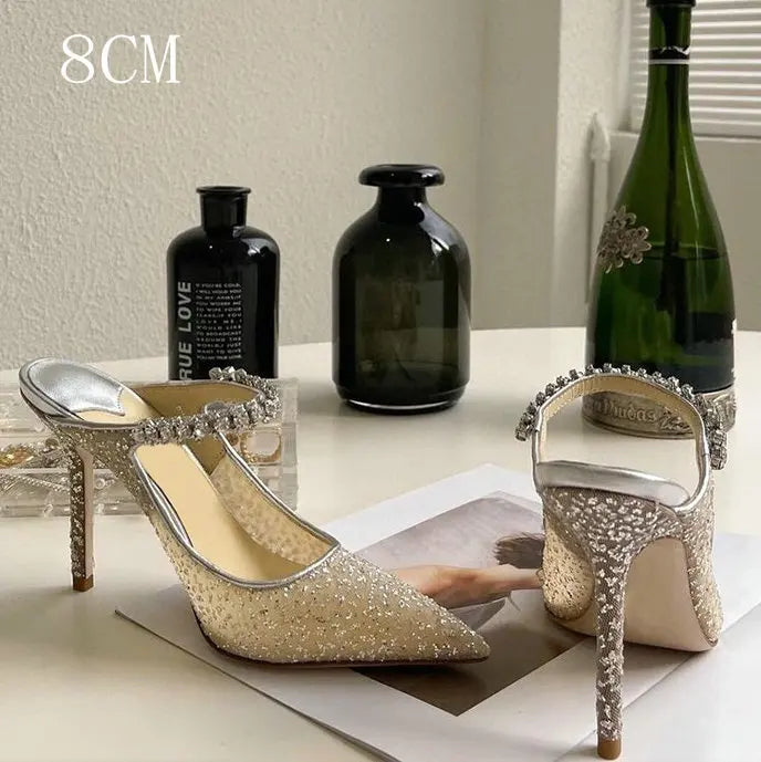 Celebrity Diamond Chain Mueller Shoes Pointy Mesh High-Heeled Sandals