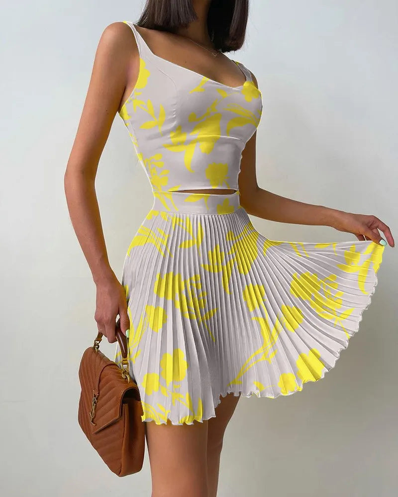 Two Piece Set Mini Print Pleated Skirt Set