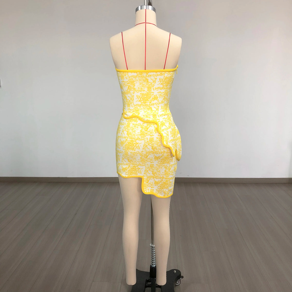 Rose Pink Yellow White Jacquard Two Piece Set Women Strapless Crop Top and Mini Skirt Bodycon Nightclub Party Outfit Bandage Set